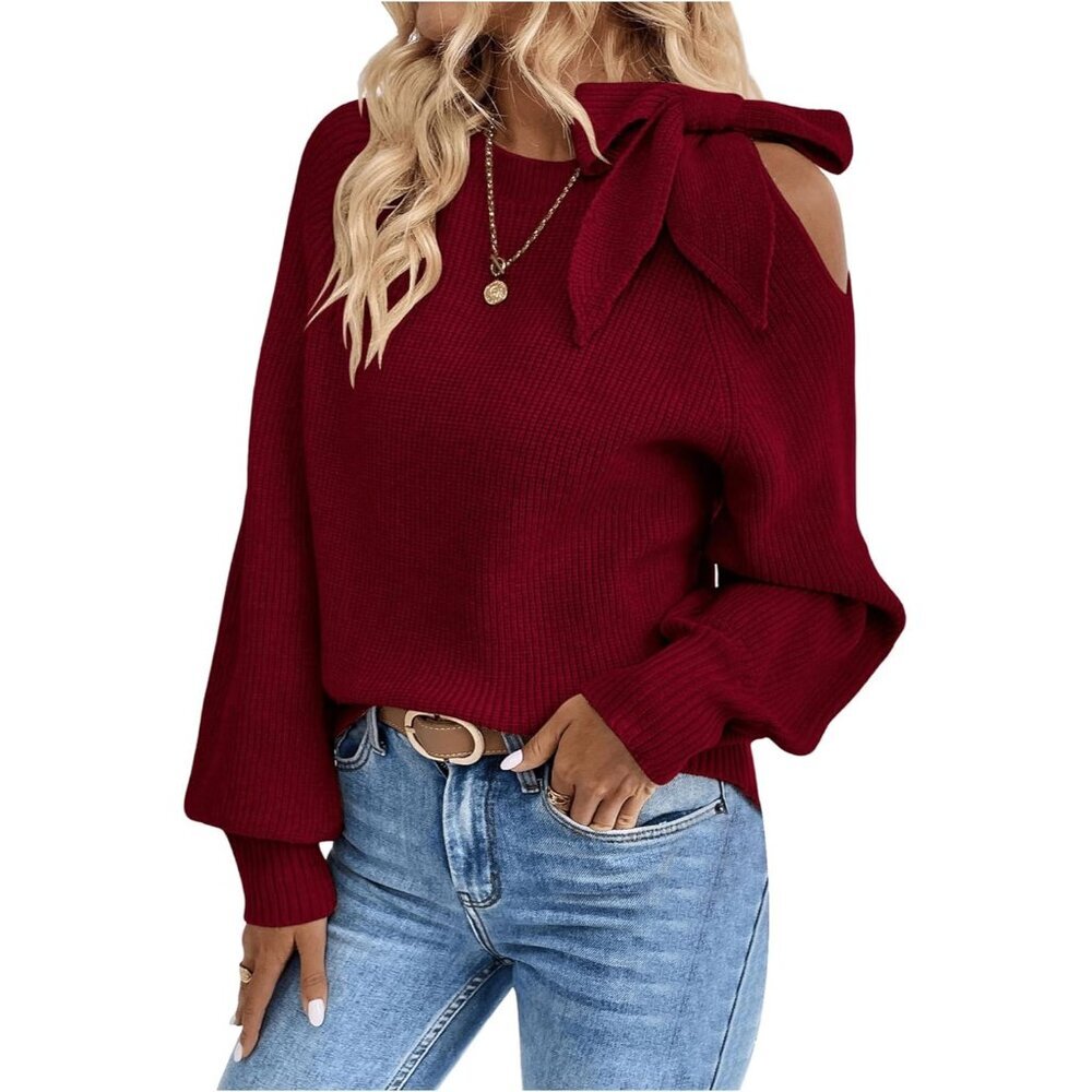Women's Long Sleeve Sweater Knit Pullover Cut Out Tie Shoulder Cozy Top